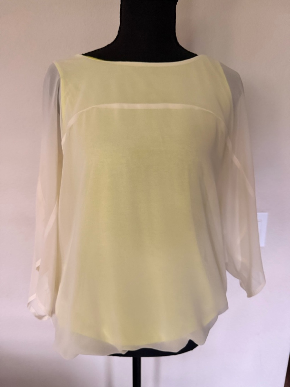 Express Sheer Boatneck Medium Blouse in Sheet White-Yellow/Green layered tank